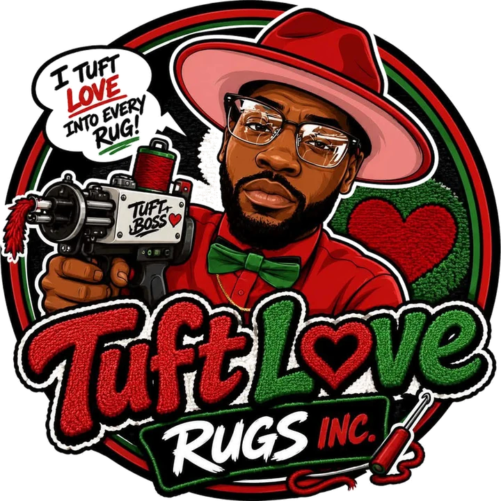 Tuft Love Rugs Inc. logo — a tufter in a red hat holding a tufting gun.
